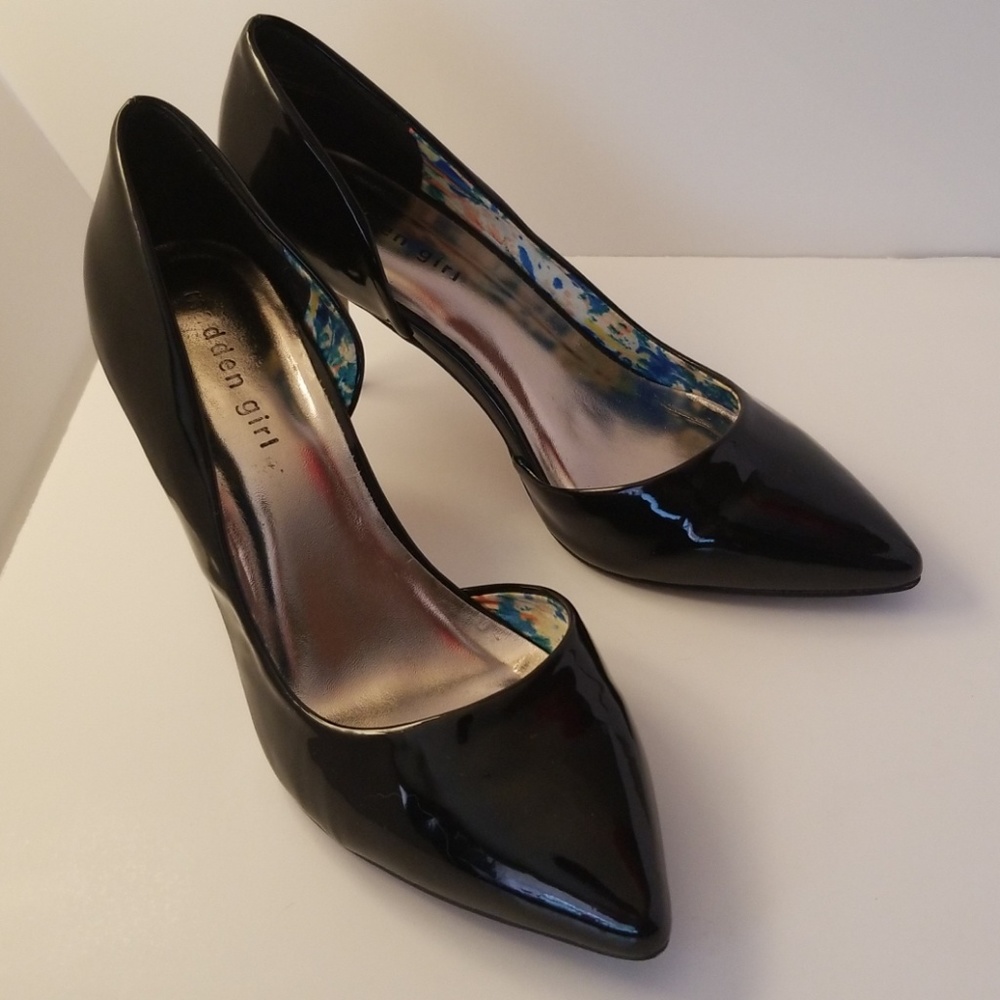 Madden Girl black patent open instep heel